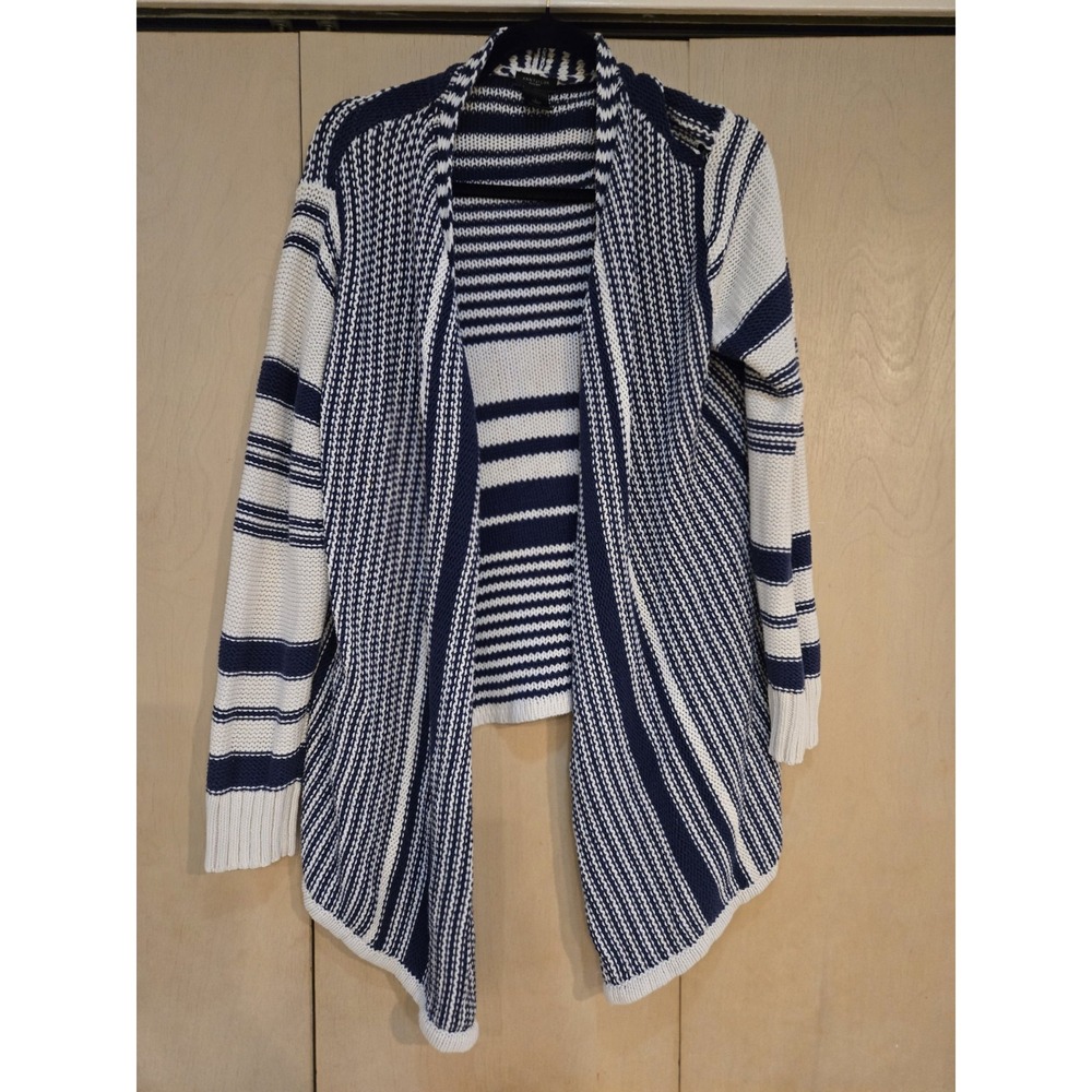 Ann Taylor Factory Cardigan Womens L Navy White Striped Waterfall Open Front...